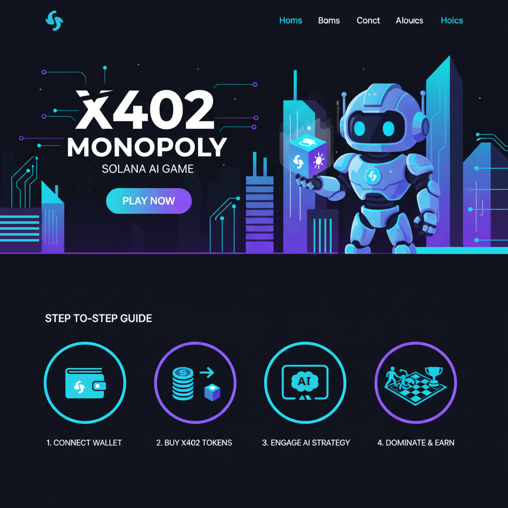 sleek landing page of x402 monopoly solana ai game website