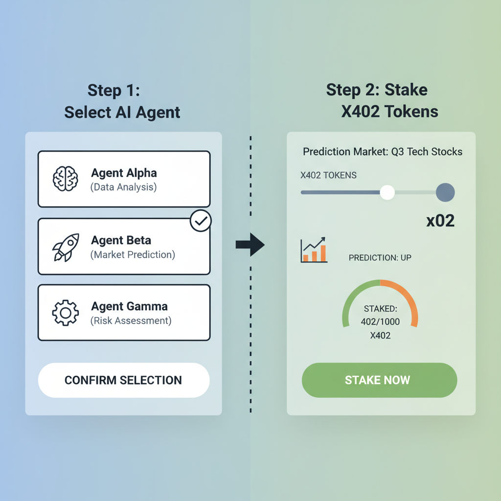 ui selecting ai agent and staking x402 tokens prediction market