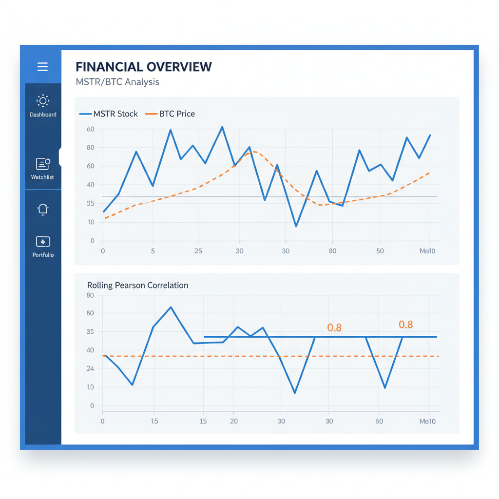 clean financial chart showing MSTR stock and BTC price lines with rolling Pearson correlation overlay below 0.8, professional blue orange tones, modern trading dashboard