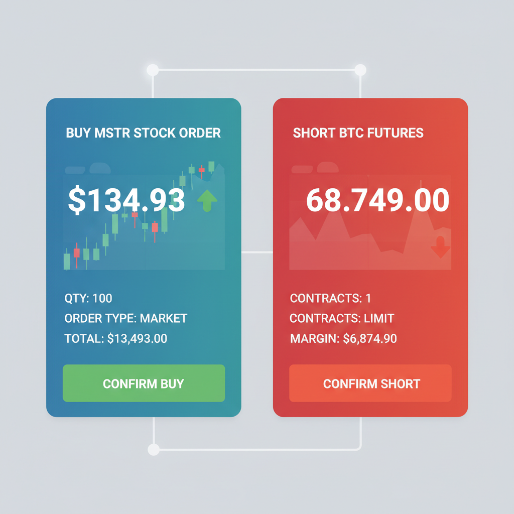 trading screen split: buy MSTR stock order at $134.93 left, short BTC futures at $68749 right, green red arrows, sleek broker interface