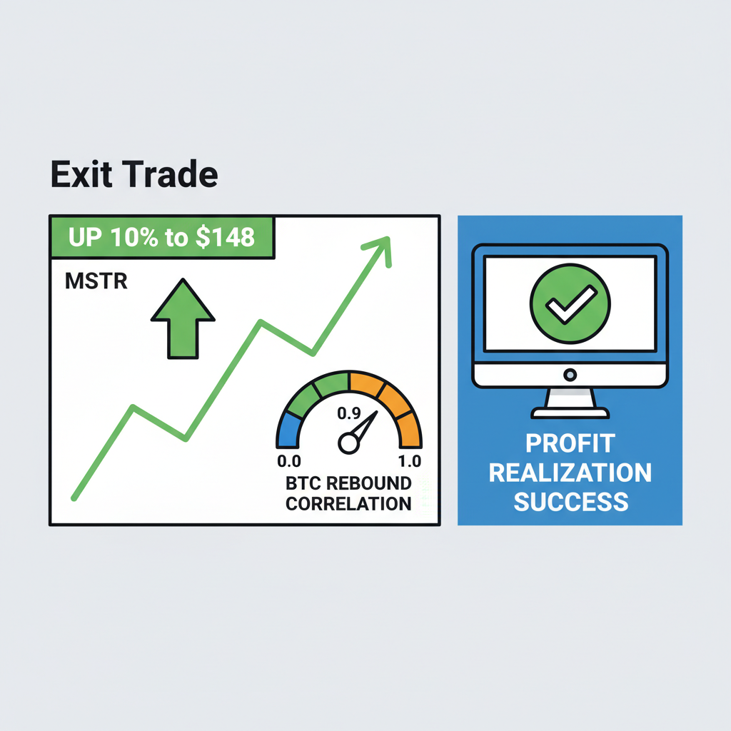 exit trade chart MSTR up 10% to $148 green arrow, BTC rebound correlation 0.9 gauge, profit realization screen success checkmark
