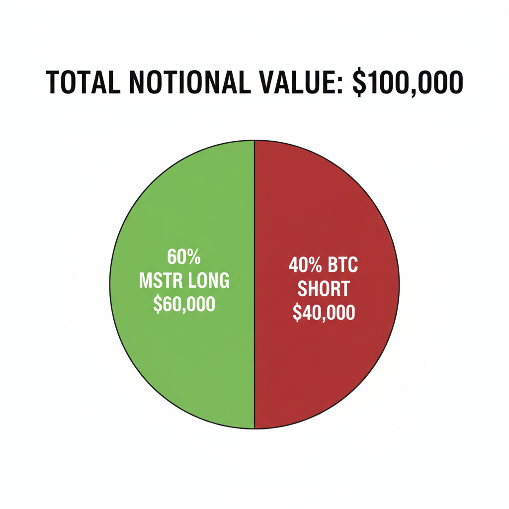 pie chart 60% MSTR long green 40% BTC short red, notional value labels $100k total, simple financial graphic clean white background