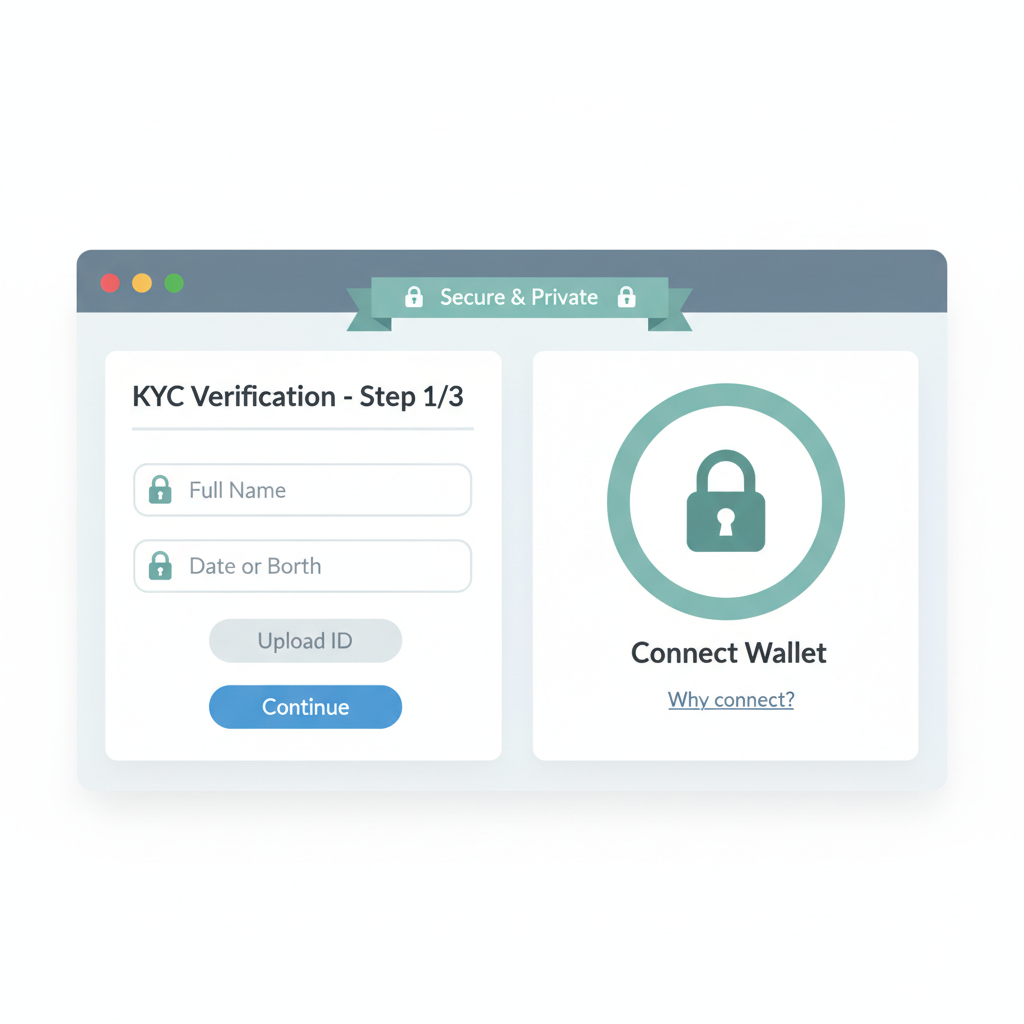 user interface showing KYC form and wallet connection button, secure lock icons, clean web design