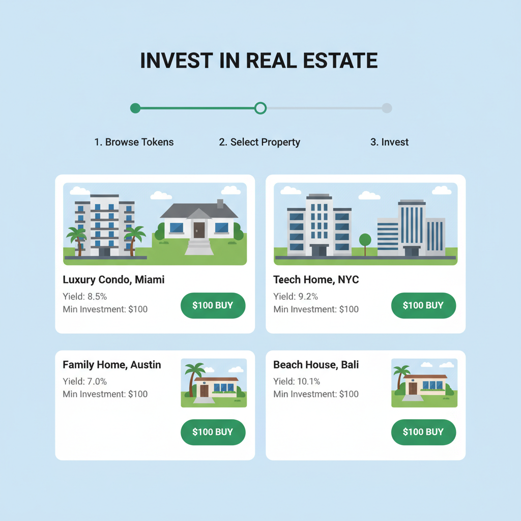 investment interface with fractional real estate tokens for sale, $100 minimum buy button, property photos