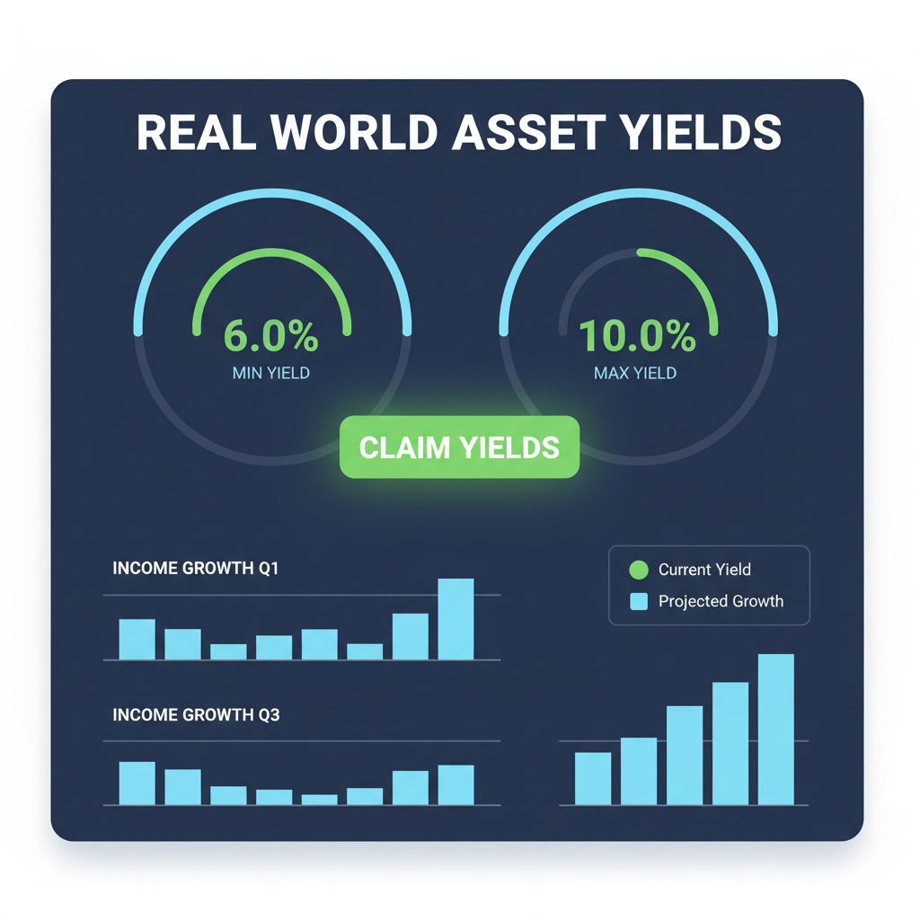 dashboard displaying RWA yields at 6-10%, claim button highlighted, charts of income growth