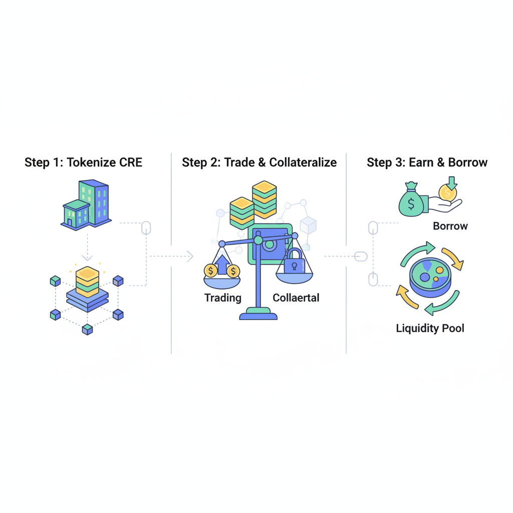 DeFi platform with tokenized CRE trading and collateral options, liquidity pools, blockchain network visuals