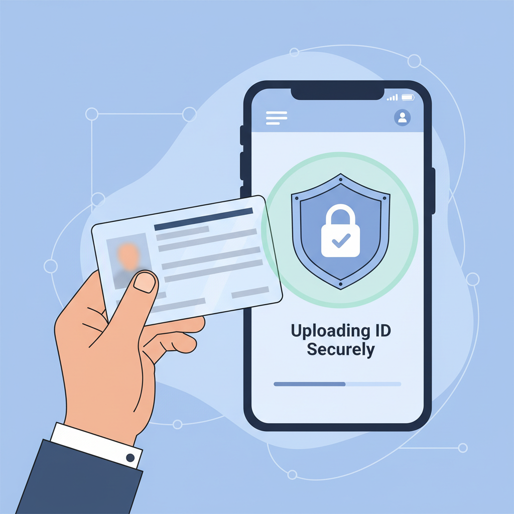 user uploading ID document in secure wallet app, privacy shield icon
