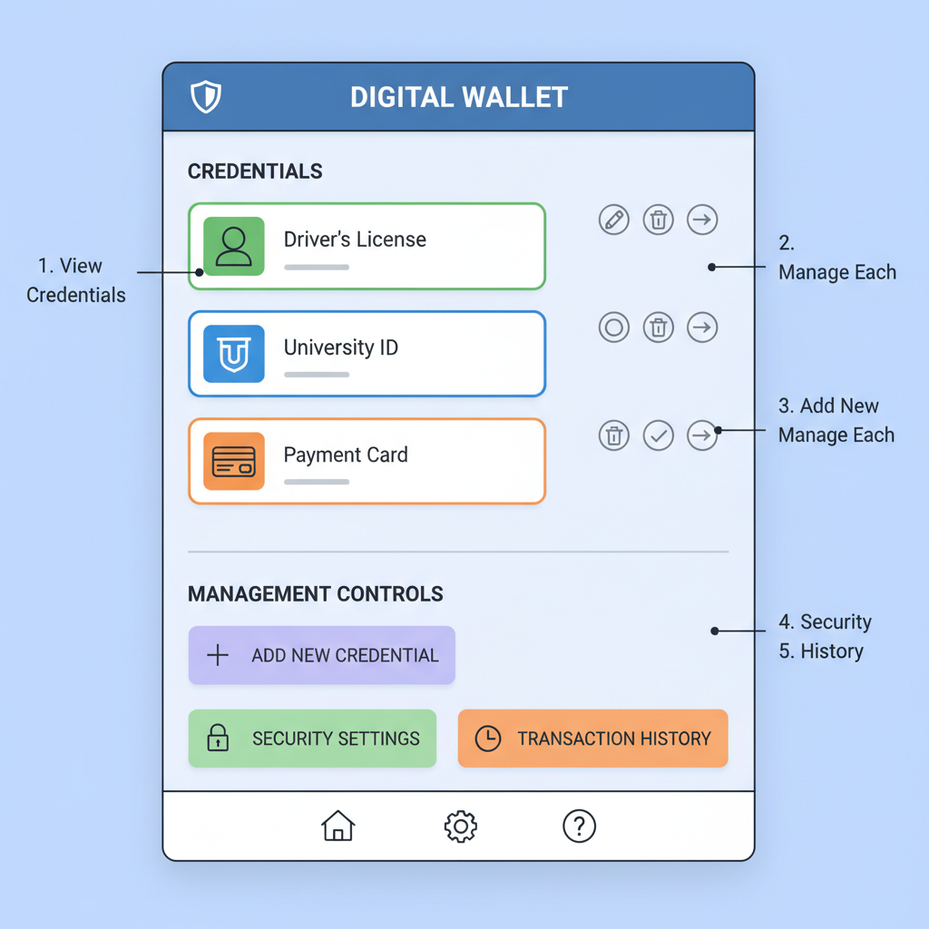 wallet dashboard showing credential list, management controls