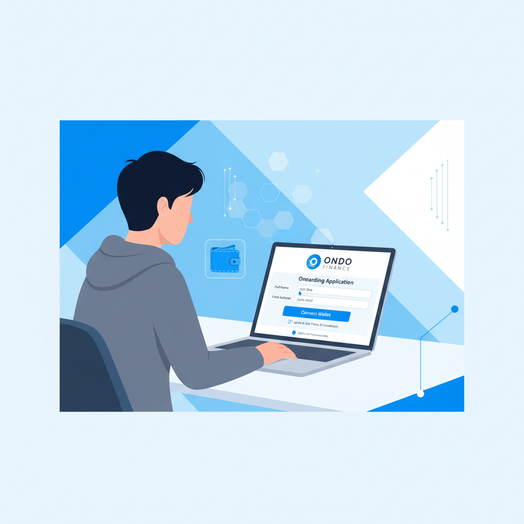 clean illustration of user filling out Ondo Finance onboarding form on laptop, professional DeFi style
