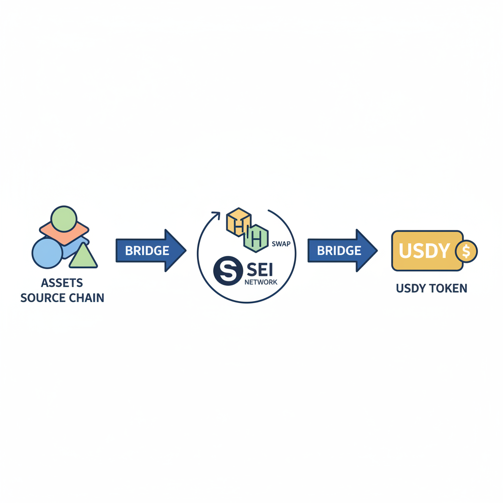 simple graphic of bridging assets to Sei network and swapping for USDY token, blockchain bridge icon