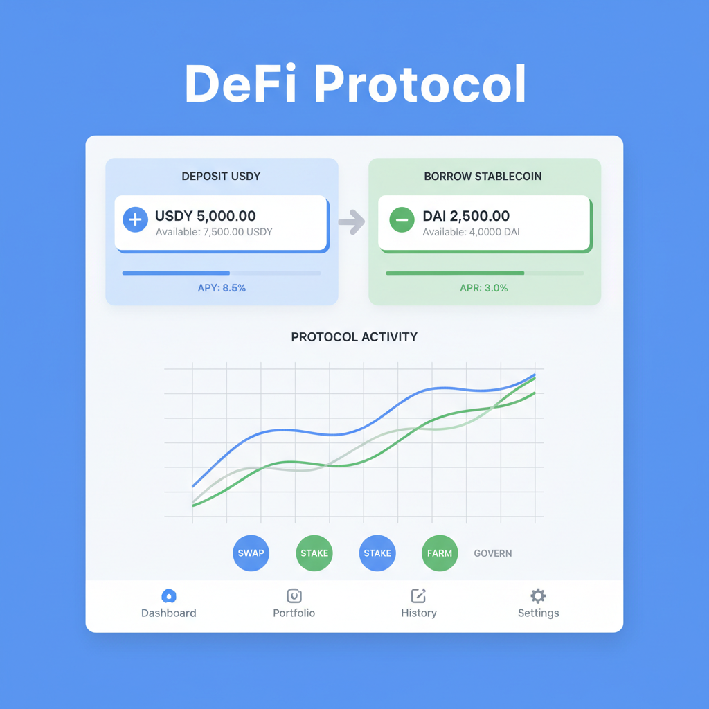 DeFi dashboard showing USDY deposit and stablecoin borrow, charts and buttons