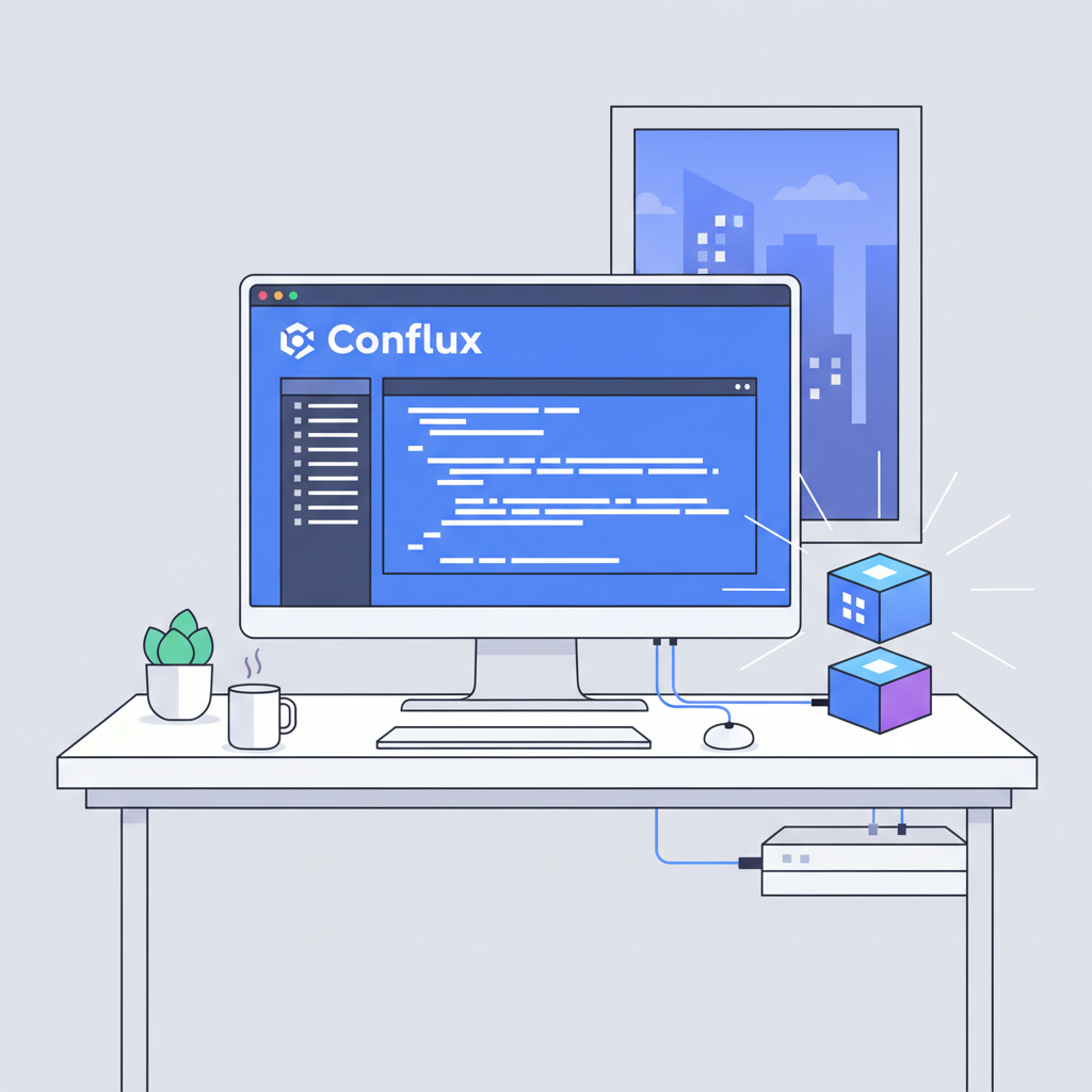 conflux blockchain developer setup workstation with code editor and rpc nodes glowing