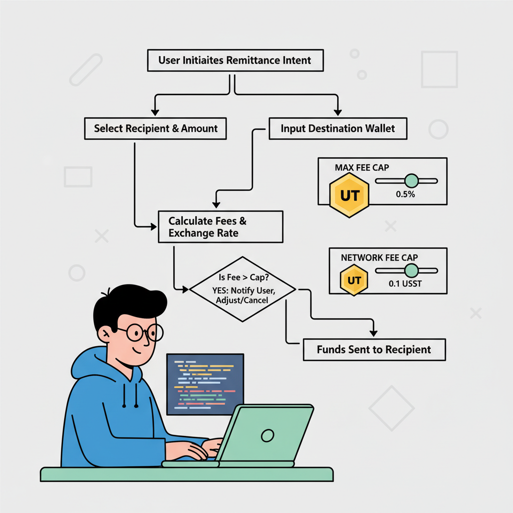 developer coding remittance intent flowchart with fee cap sliders and USDT icons