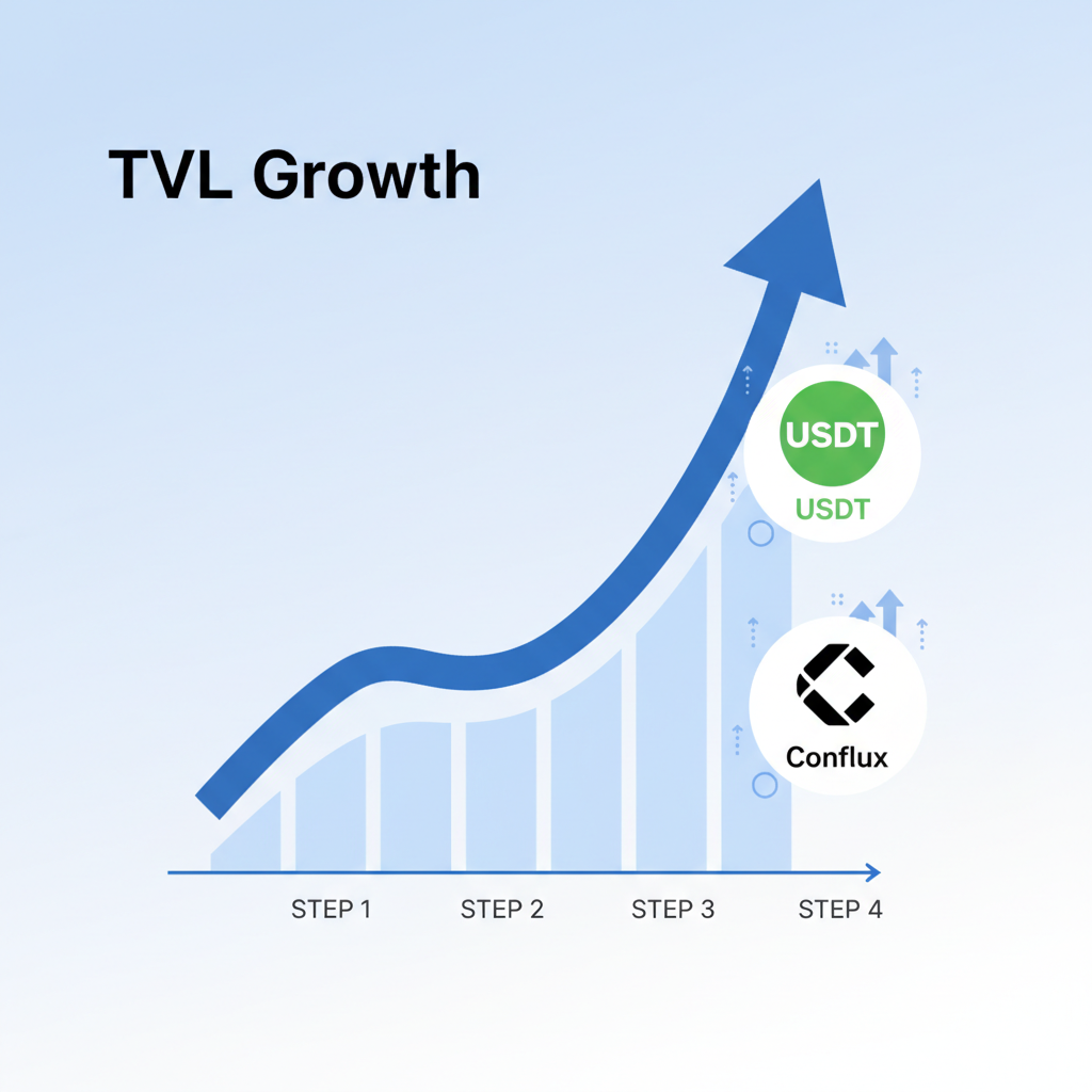 TVL growth chart upward trend with USDT0 and Conflux logos data driven