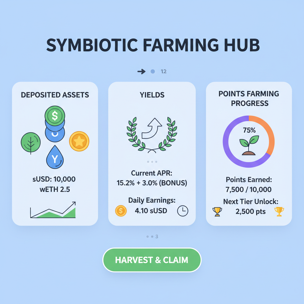Symbiotic dashboard showing deposited assets, yields, and points farming progress
