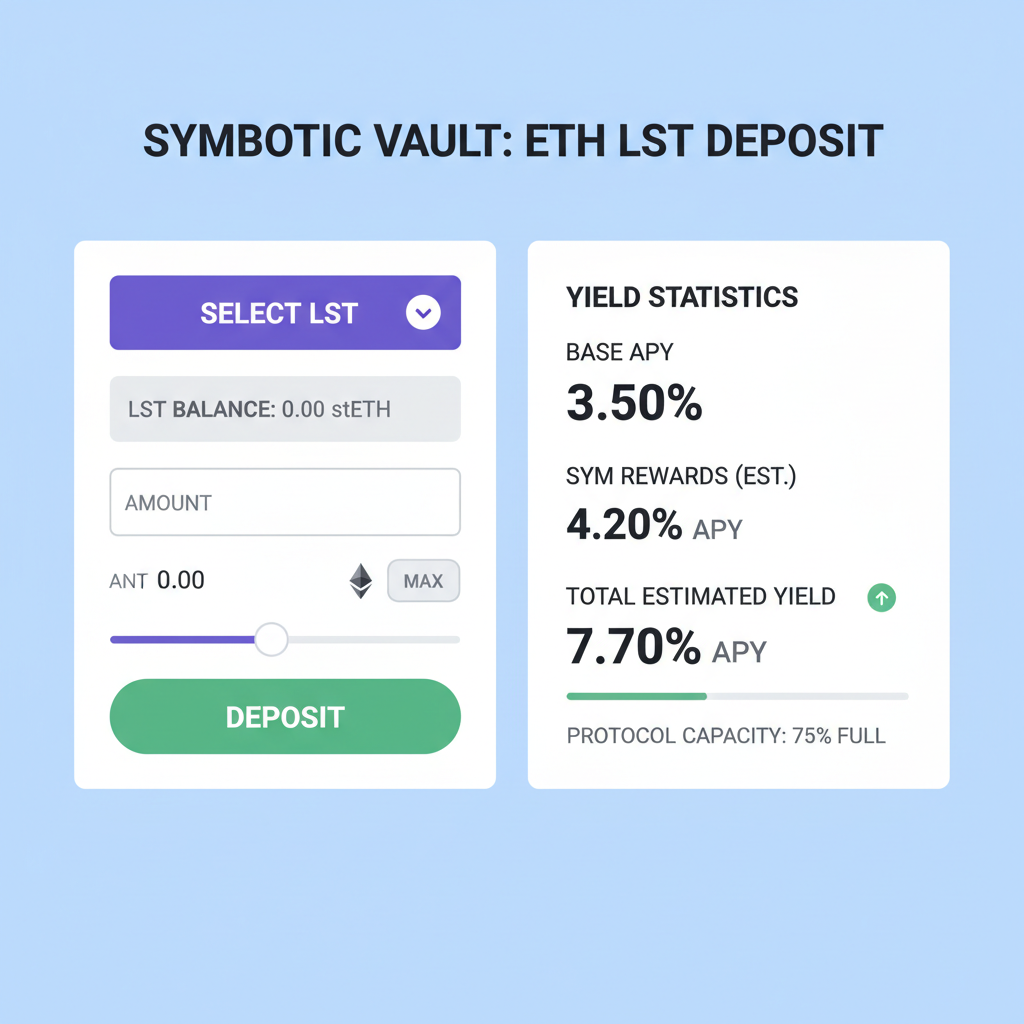 ETH LST deposit screen in Symbiotic vault with yield stats shown