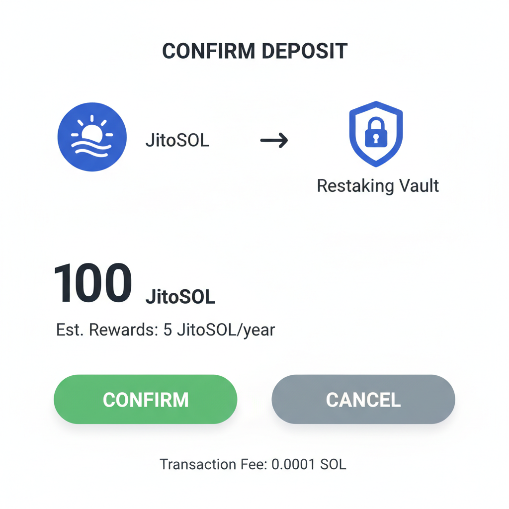deposit interface for JitoSOL into restaking vault, transaction confirmation screen