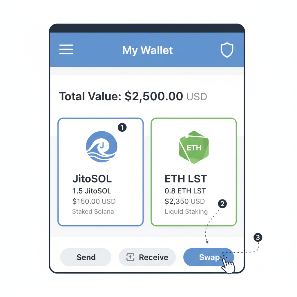 crypto wallet interface with JitoSOL and ETH LST tokens displayed, modern DeFi UI
