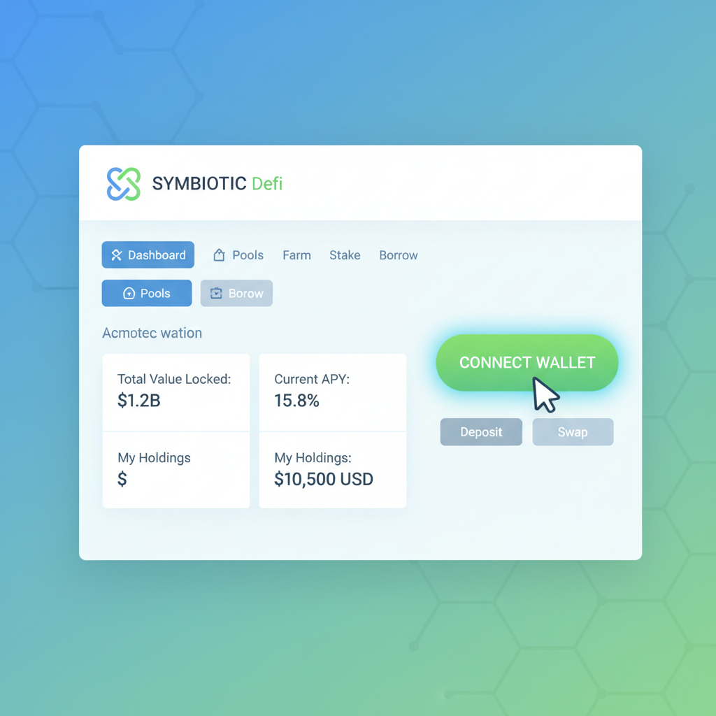 Symbiotic DeFi dashboard homepage with connect wallet button highlighted