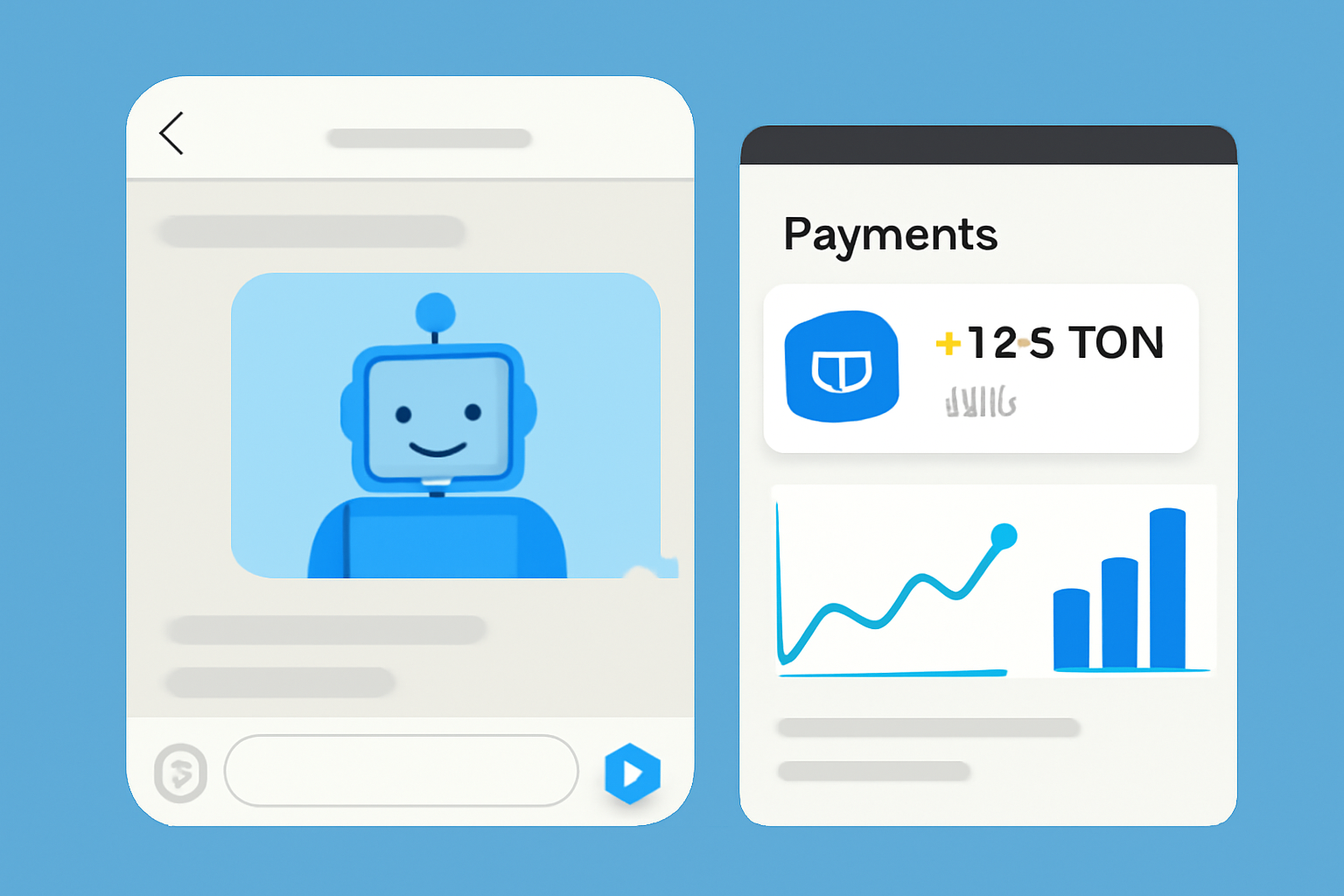 A Telegram bot live in a chat, showing Toncoin payment activity and analytics on a dashboard in the background.