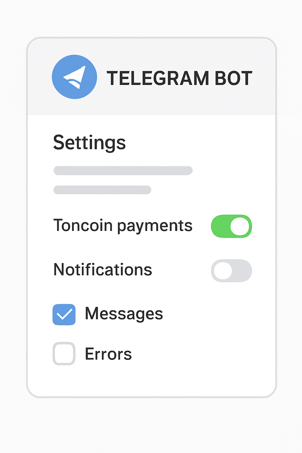 A Telegram bot dashboard with configuration settings, toggles for Toncoin payments, and notification options.