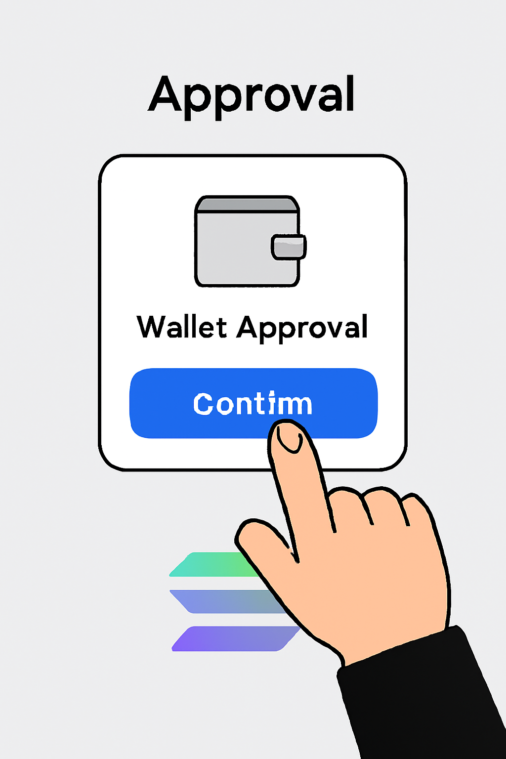 A confirmation screen in the app, with a user tapping 'Confirm', wallet approval popup, and a Solana logo for emphasis.