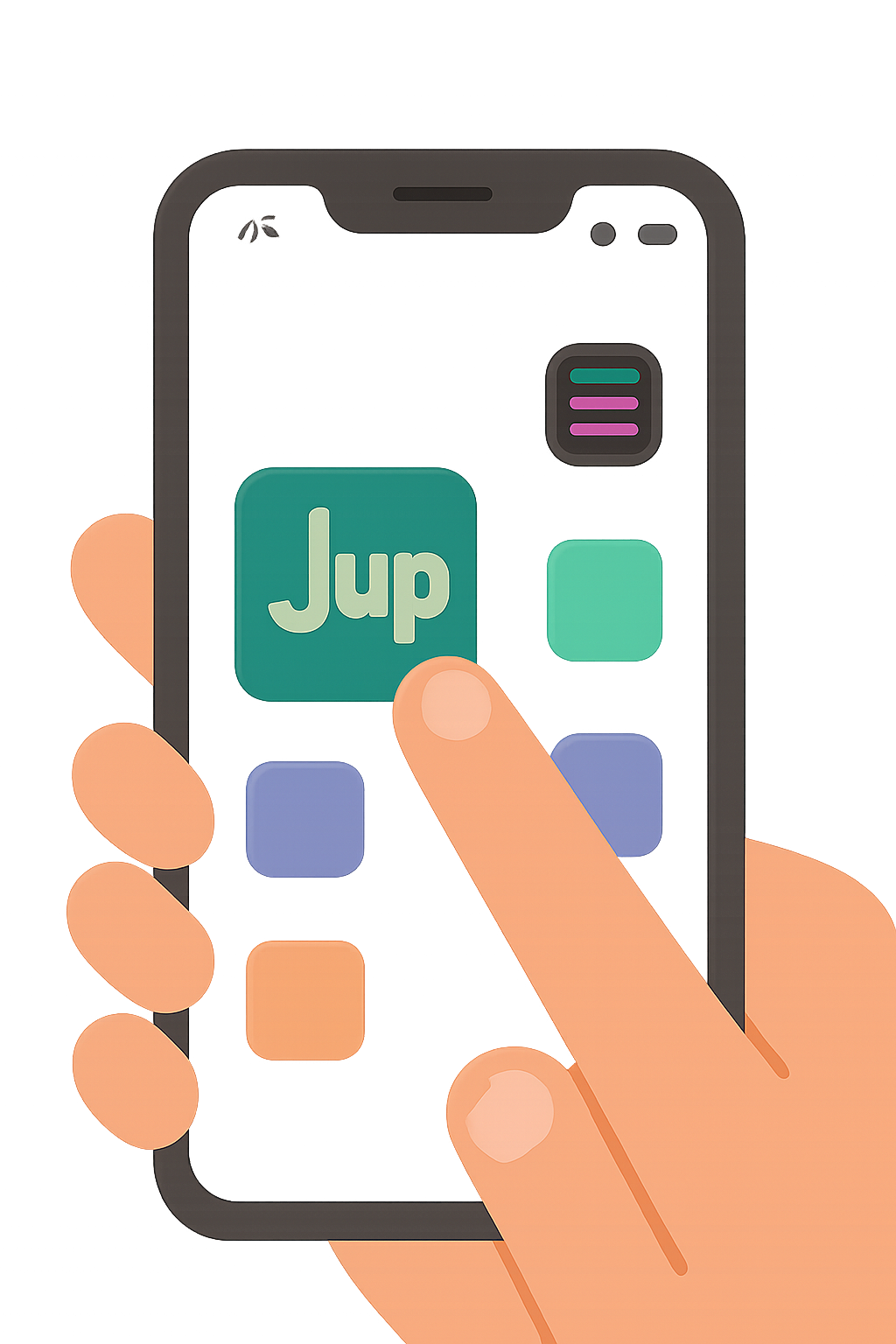 A smartphone displaying the Jup Mobile app icon, with a user tapping to open it, modern UI, Solana branding, clean background.