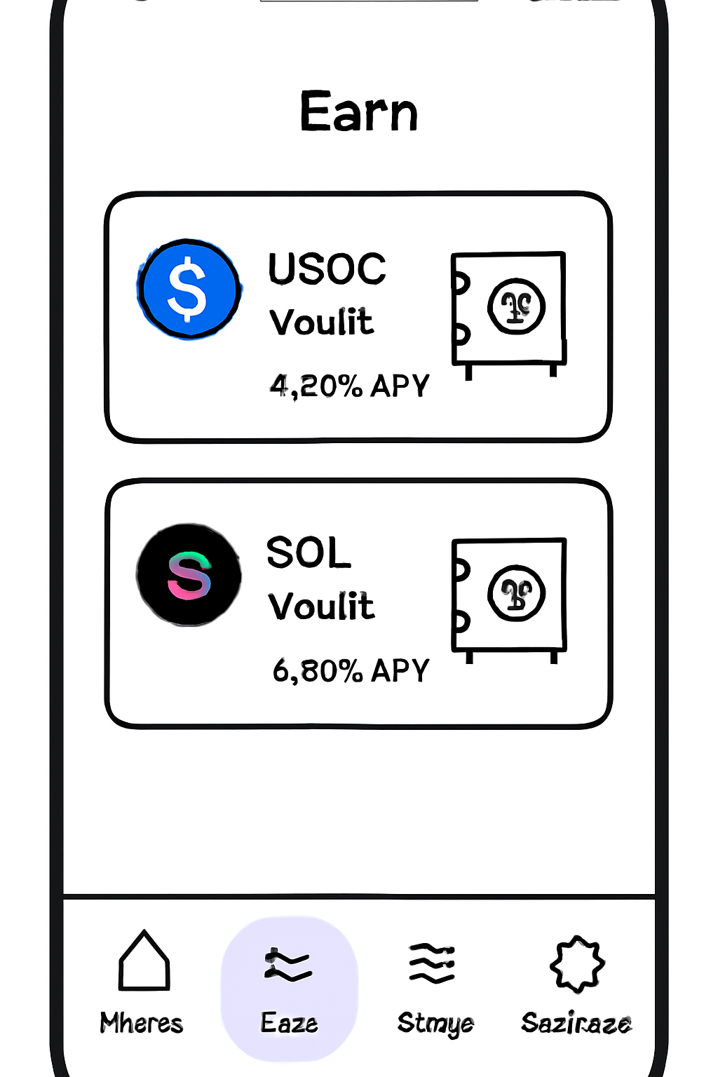 A mobile app screen showing the 'Earn' section with vaults for USDC and SOL, APY rates, and a highlighted navigation bar.