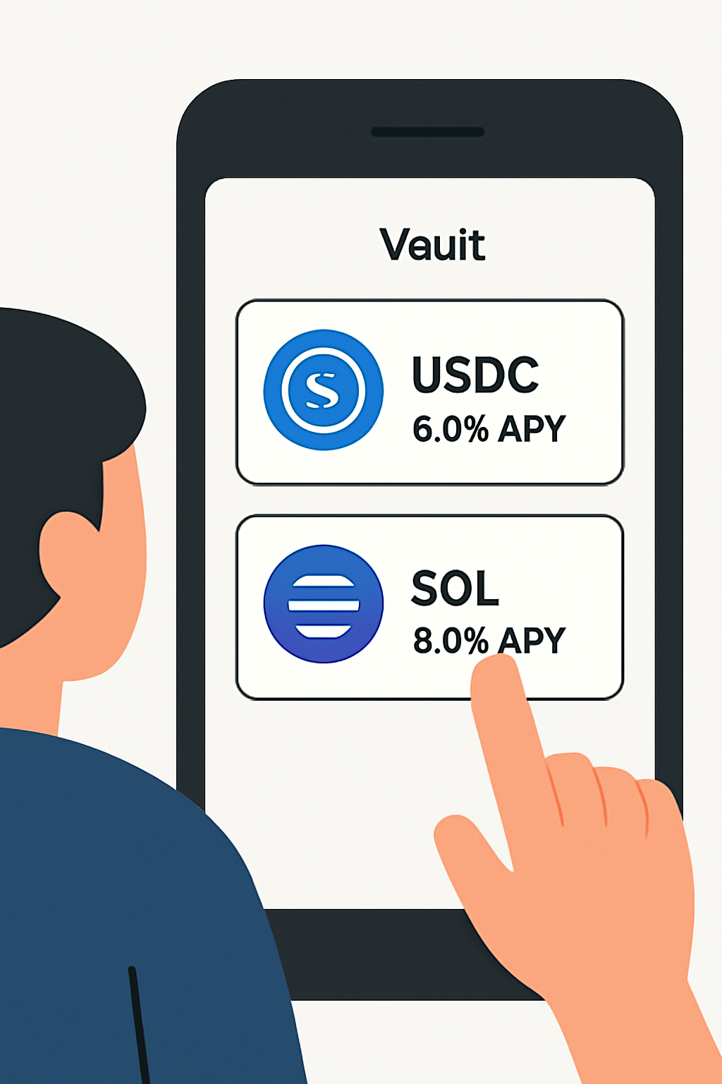 A user selecting between USDC and SOL vaults on a mobile app, APY rates visible, clear asset icons, modern UI.