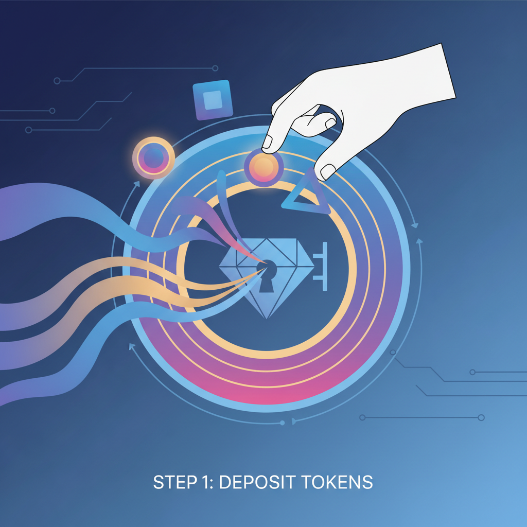 depositing tokens into glowing vault portal, ethereal energy flows, digital art