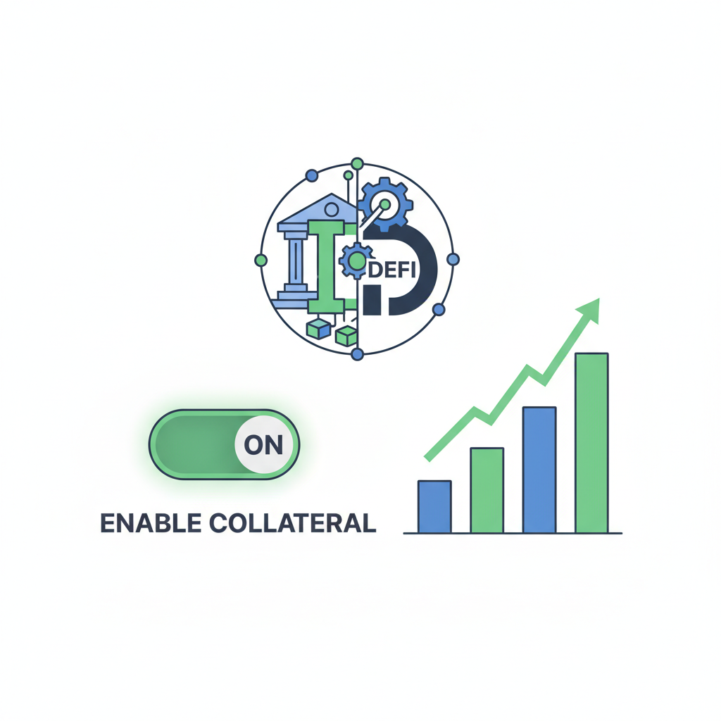 toggle switch enabling collateral, charts rising, institutional finance fusion DeFi