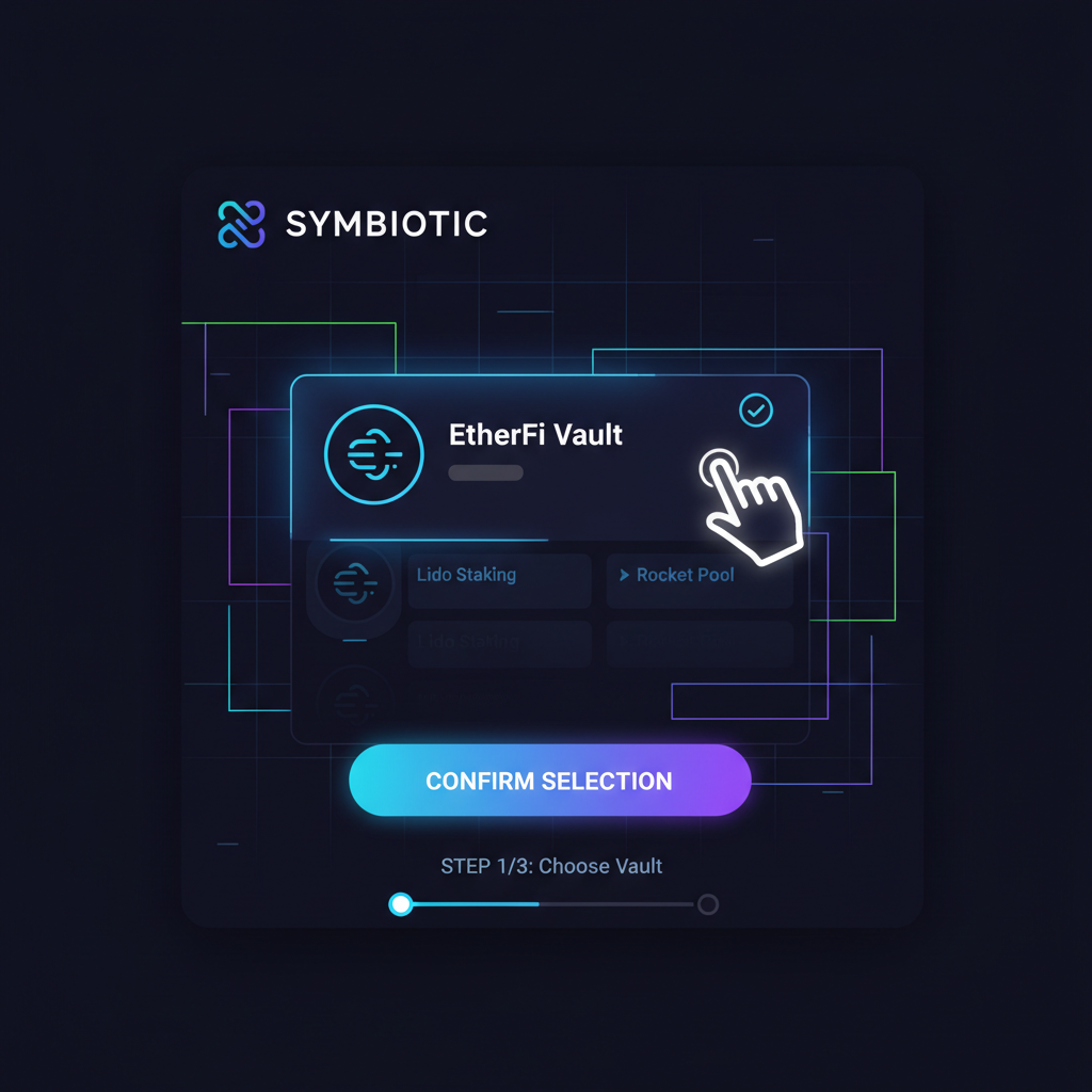 sleek Symbiotic app interface selecting EtherFi vault, neon grids, high-tech