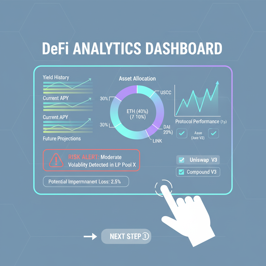 DeFi analytics dashboard with yield charts and risk alerts, holographic display