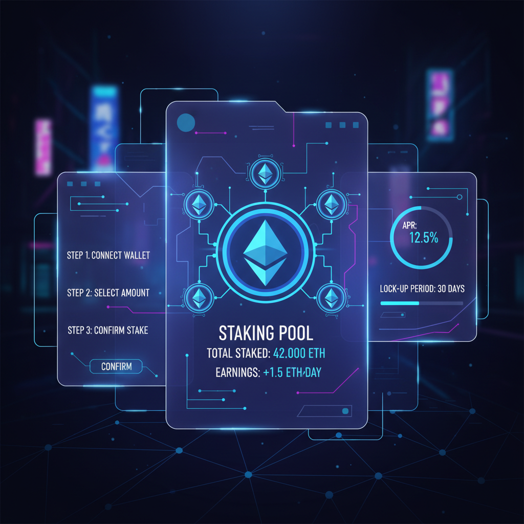 futuristic DeFi dashboard staking ETH coins glowing blue, cyberpunk style