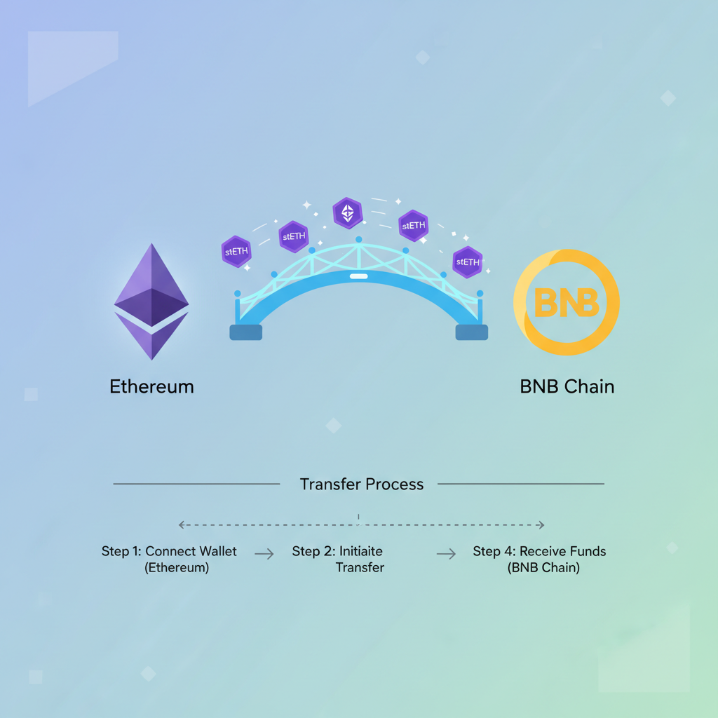 animated bridge transferring stETH from Ethereum to BNB Chain, glowing tokens crossing blockchain icons