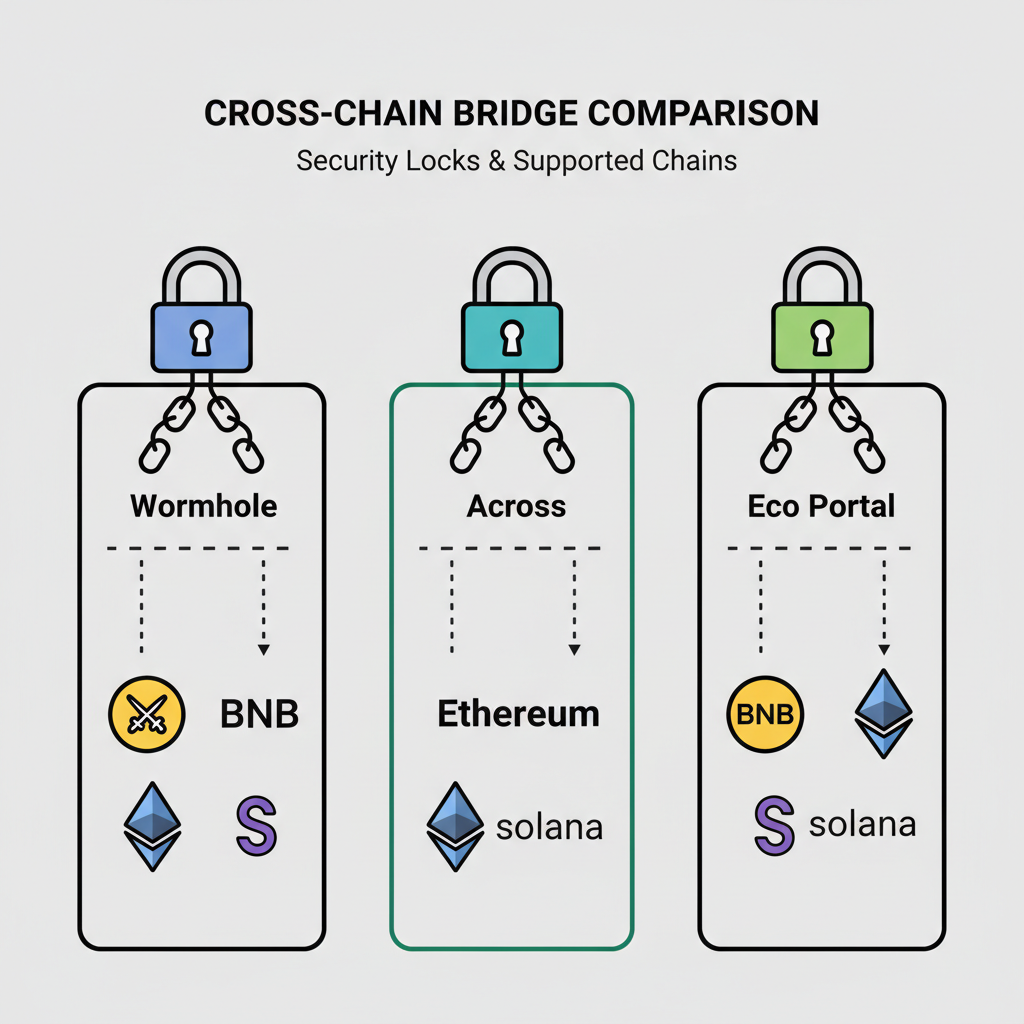 cross-chain bridge comparison chart Wormhole Across Eco Portal with security locks and chain icons BNB Ethereum Solana