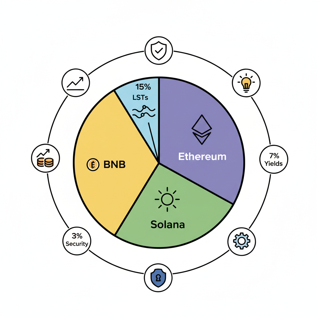 diversified portfolio pie chart BNB Ethereum Solana LSTs yields security icons