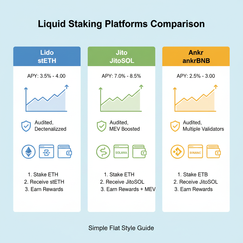 professional infographic comparing Lido stETH, Jito JitoSOL, Ankr ankrBNB staking platforms with APY charts and security icons