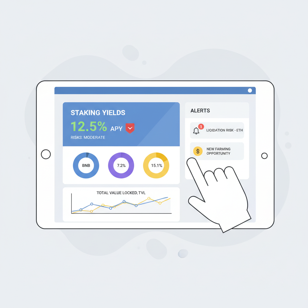 DeFi dashboard monitoring staking yields risks alerts BNB ETH SOL charts