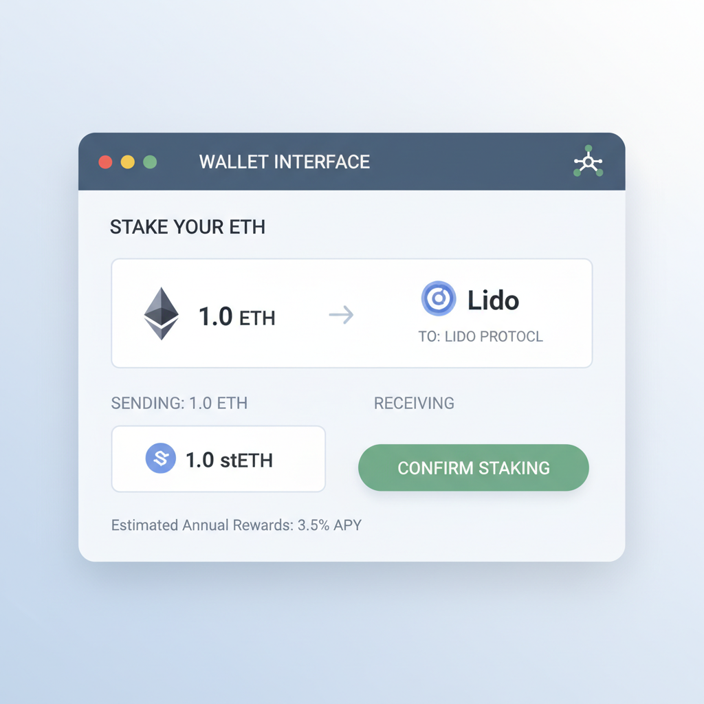 user wallet interface staking ETH to Lido receiving stETH, clean DeFi UI screenshot style