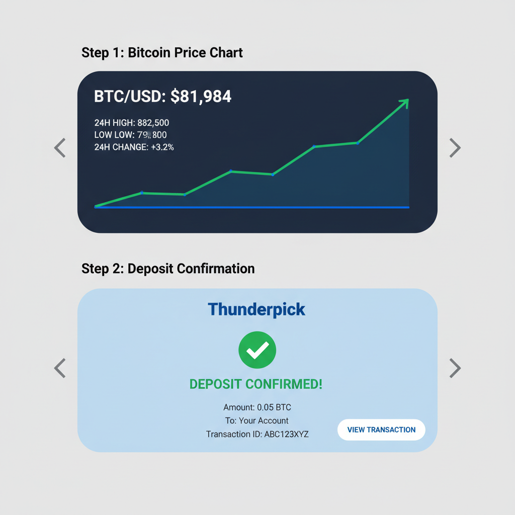 Bitcoin price chart showing $81,984 with 24h stats, Thunderpick deposit confirmation screen