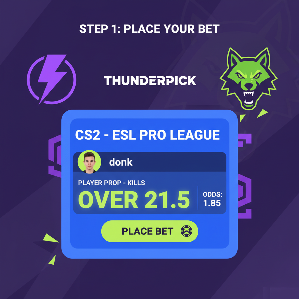 Thunderpick betting slip for CS2 donk OVER 21.5 kills prop, vibrant match graphics