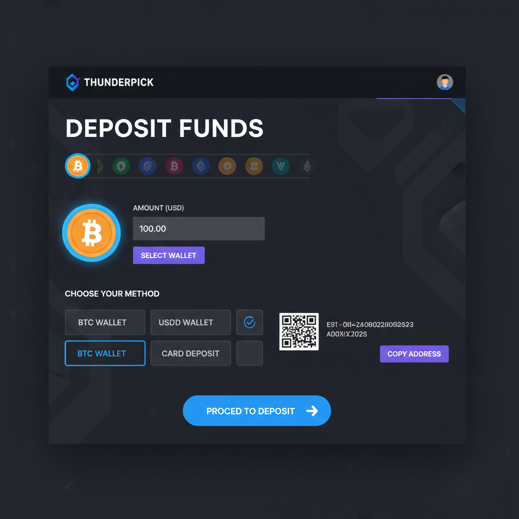 clean screenshot of Thunderpick deposit page selecting BTC wallet option, modern UI, esports theme