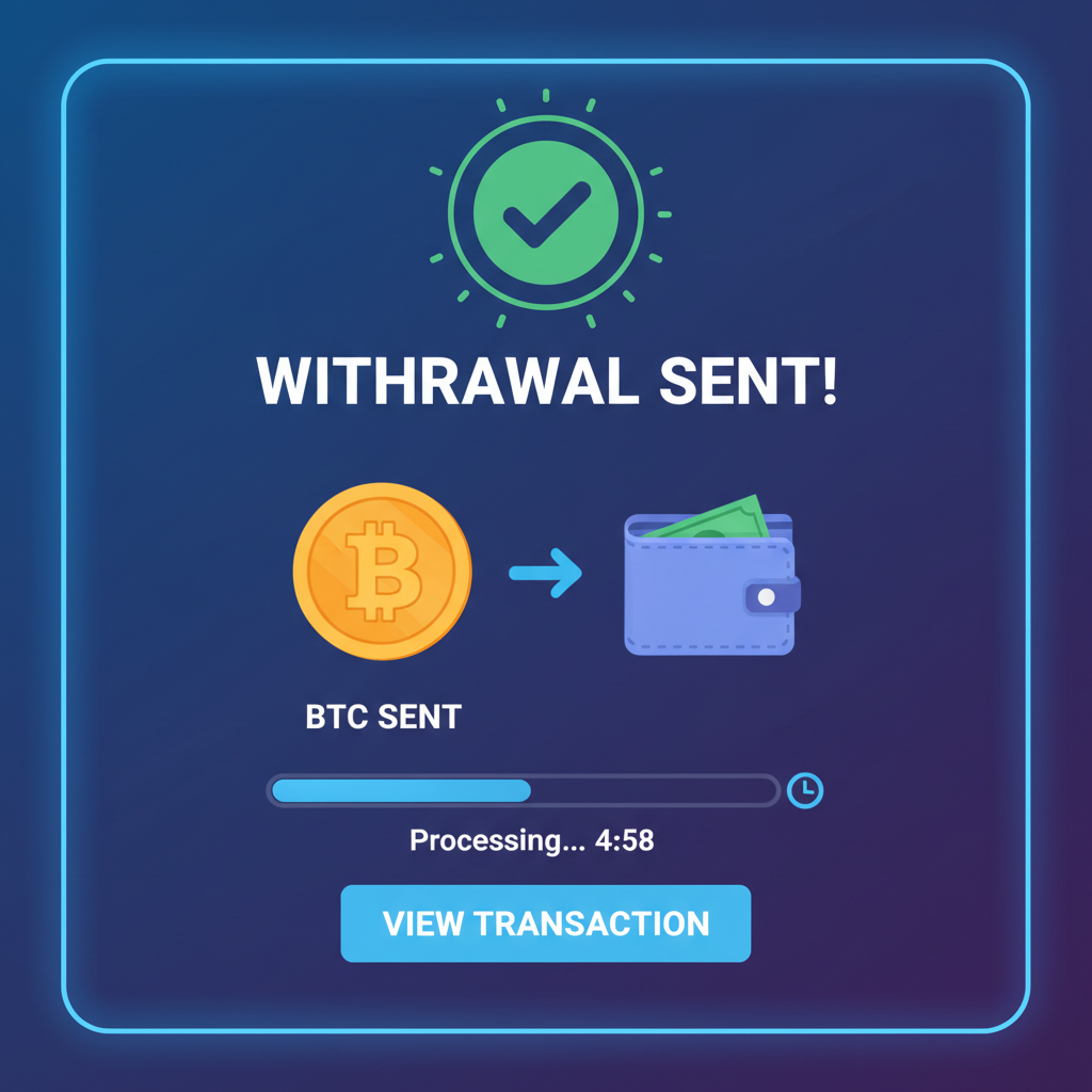 Thunderpick withdrawal screen success with BTC sent, timer showing under 5 mins