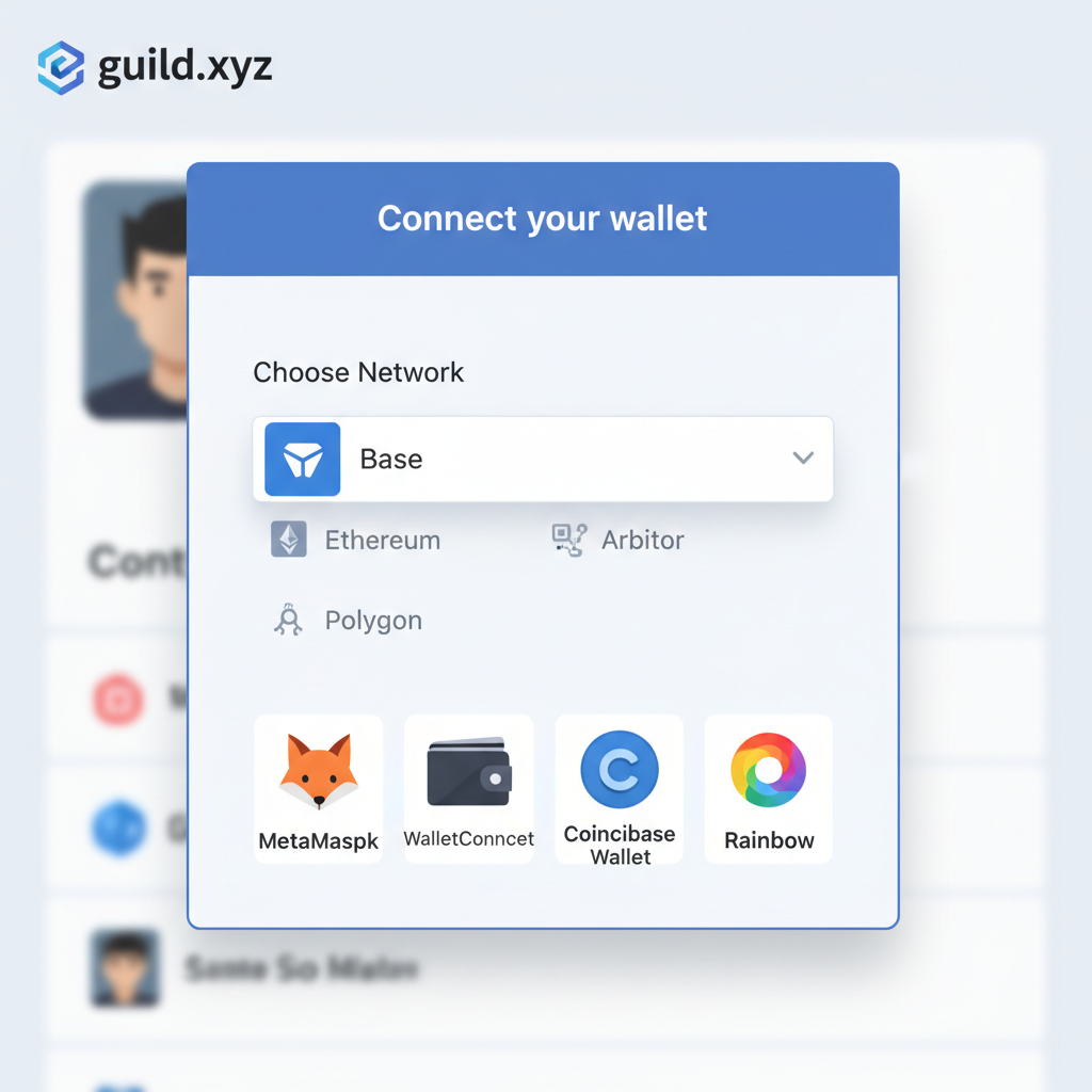 wallet connection popup on guild.xyz with Base network selector