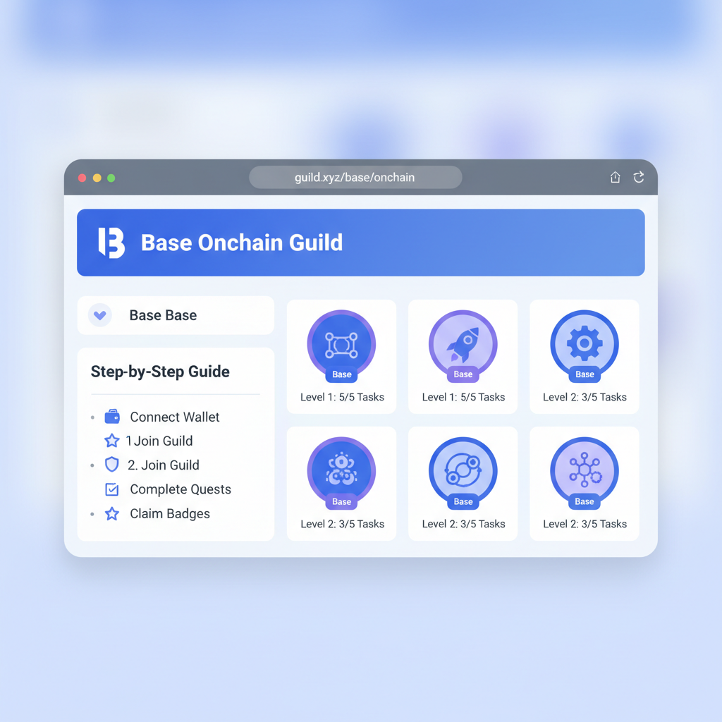 sleek browser window displaying guild.xyz/base/onchain dashboard with Base badges