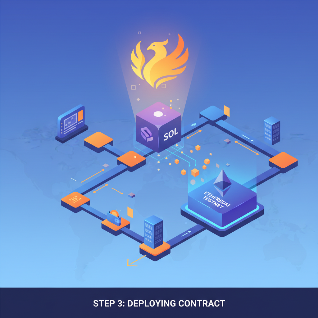 Solidity contract deploying to Ethereum testnet blockchain, glowing Fhenix logo, futuristic network nodes