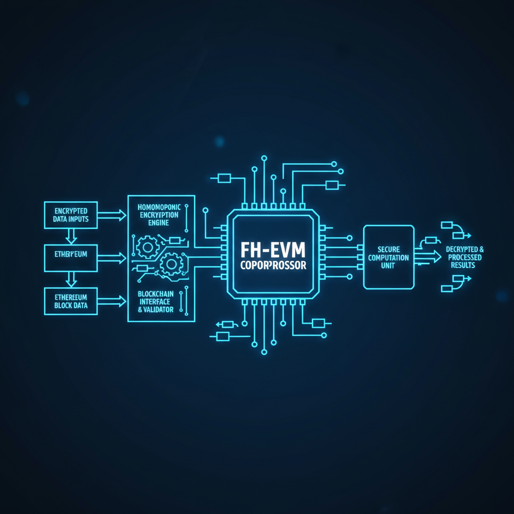 fhEVM coprocessor circuit diagram processing encrypted data, Ethereum blocks, neon blue tones