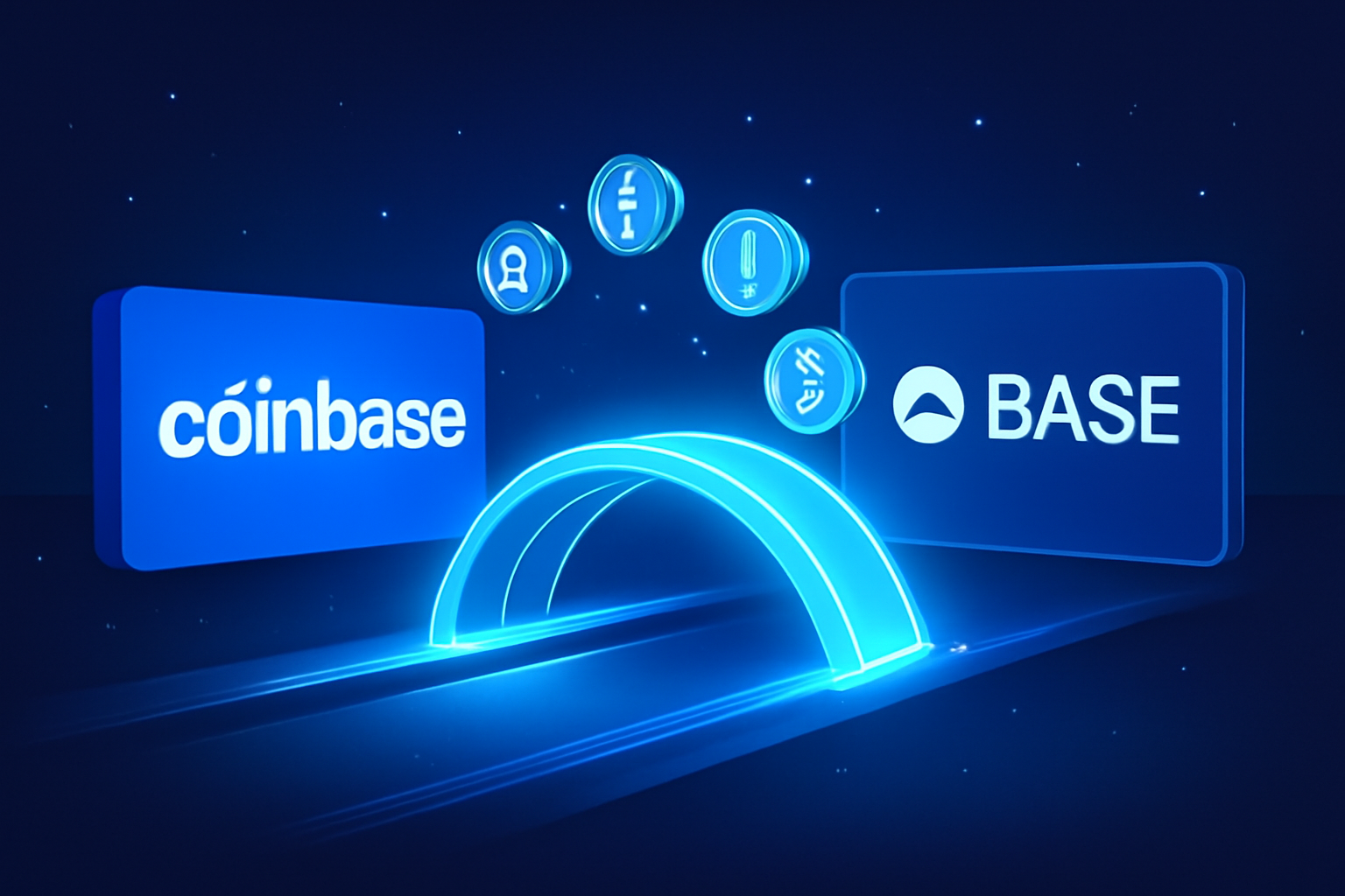 a digital bridge connecting Coinbase to the Base network, with tokens moving across a glowing bridge, futuristic style