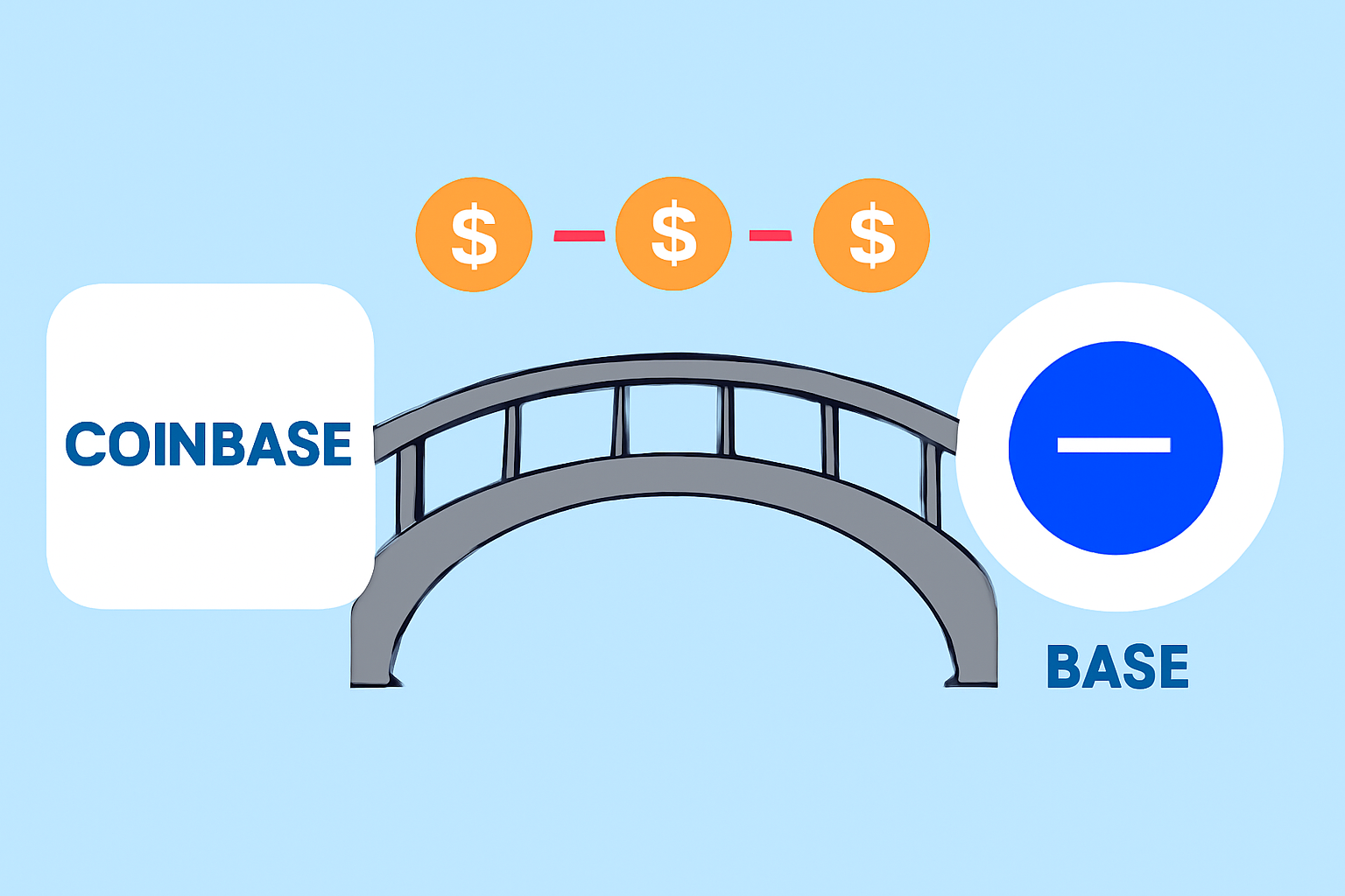 A digital bridge connecting Coinbase to the Base network, with tokens moving across and the Base logo visible.
